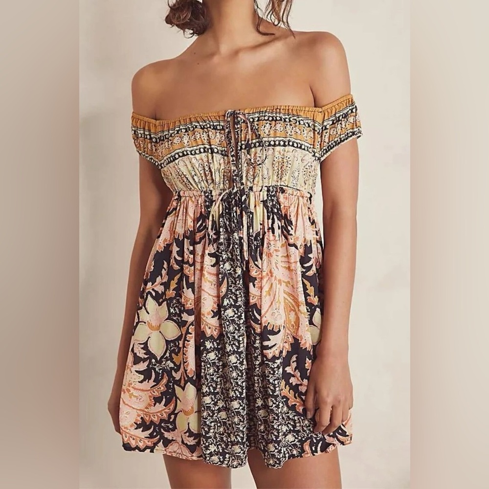 Free People Off-Shoulder Mini Dress in Black, Peach & Cream